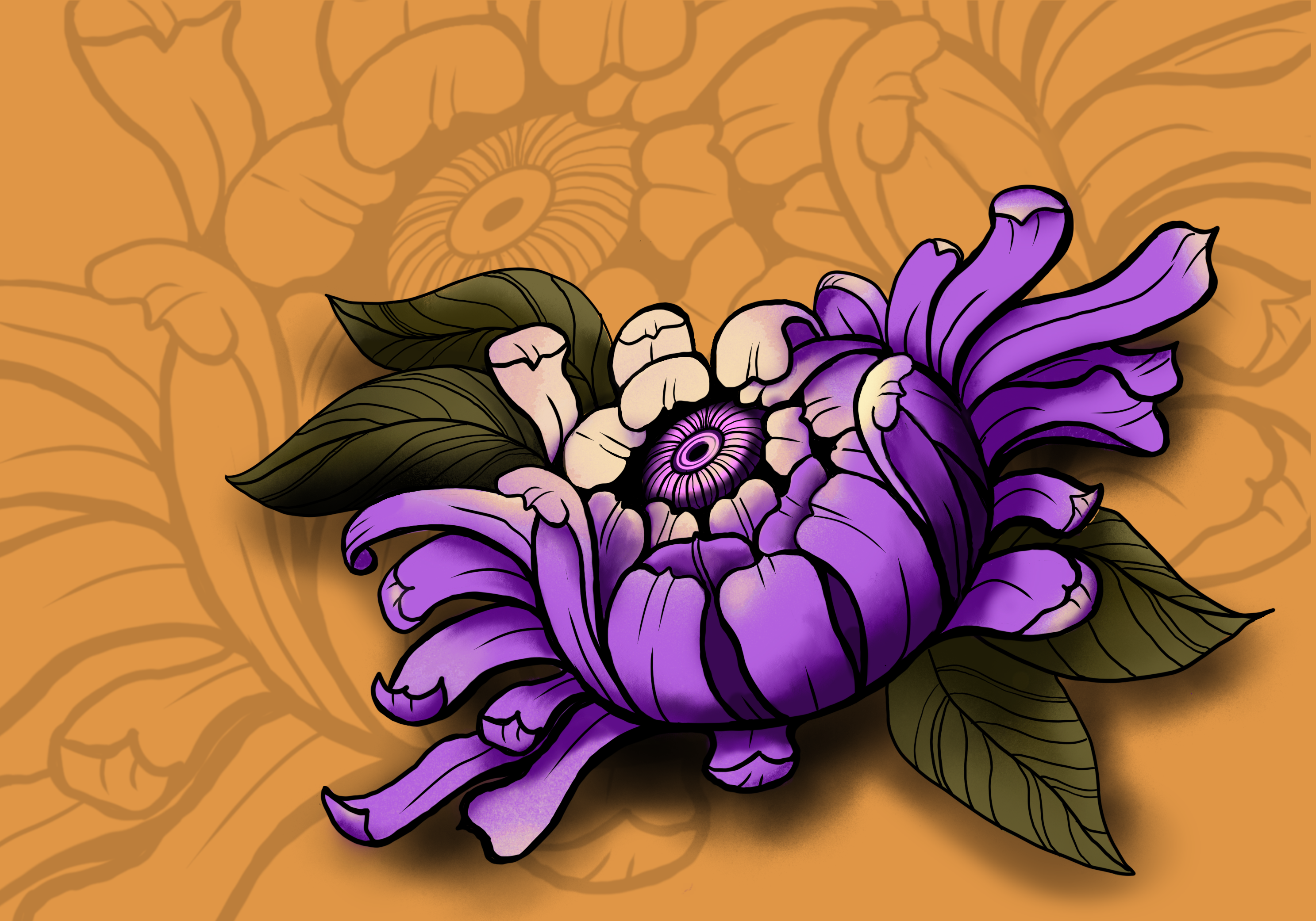 Neo trad draing of a stylised Chrysantemum flower